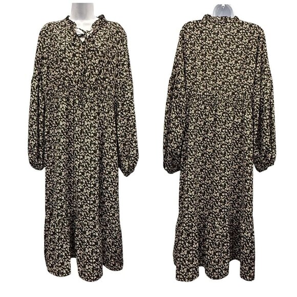 Liumilac Ditsy Floral Midi Dress Prairie Peasant Boho Dark Romantic Black Size X - Picture 6 of 12